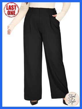 Plus Size Wide Leg Pull On Work Pants with Pockets Business Casual Slacks